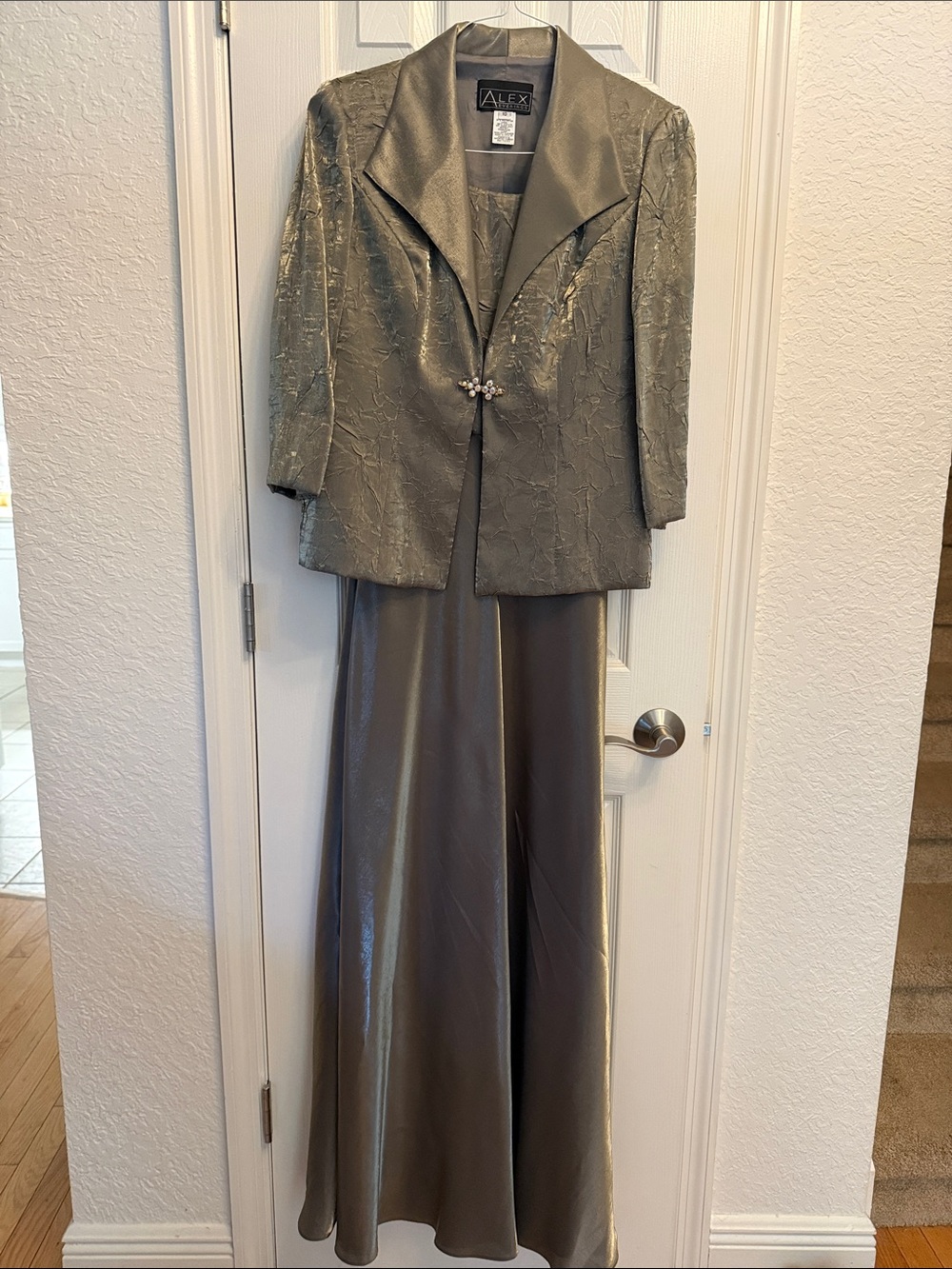 Alex Evenings Pewter Two-Piece Satin dress with Textured Jacket